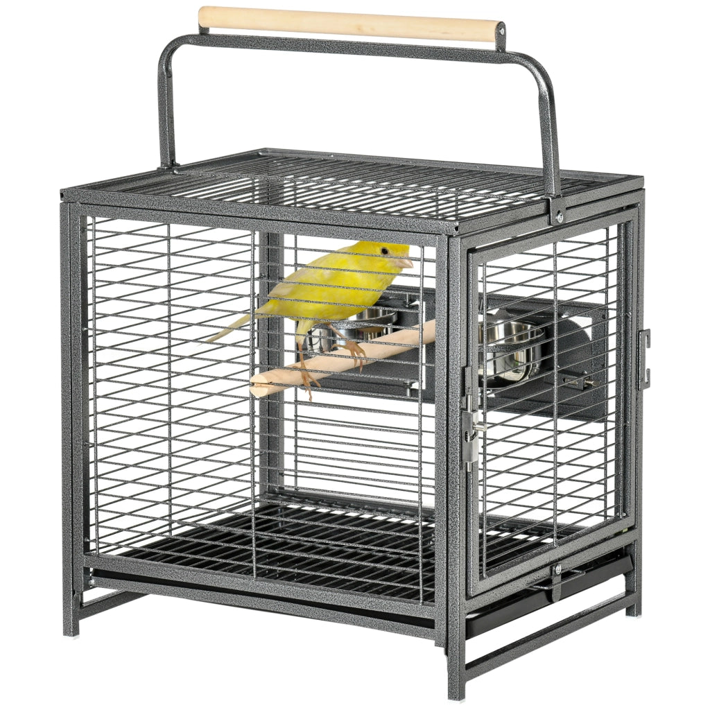 Gabbia per Uccelli Portatile con 2 Posatoi in Legno 2 Mangiatoie e Vassoio Estraibile ¨C zephmum ¨C 48x38x47,8 cm Nero