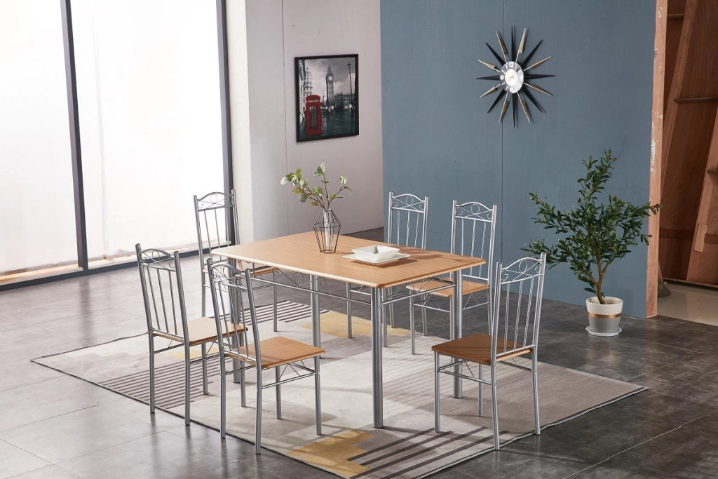 SET TAVOLO CON 6 SEDIE EFFETTO LEGNO CHIARO 140X80 Cm