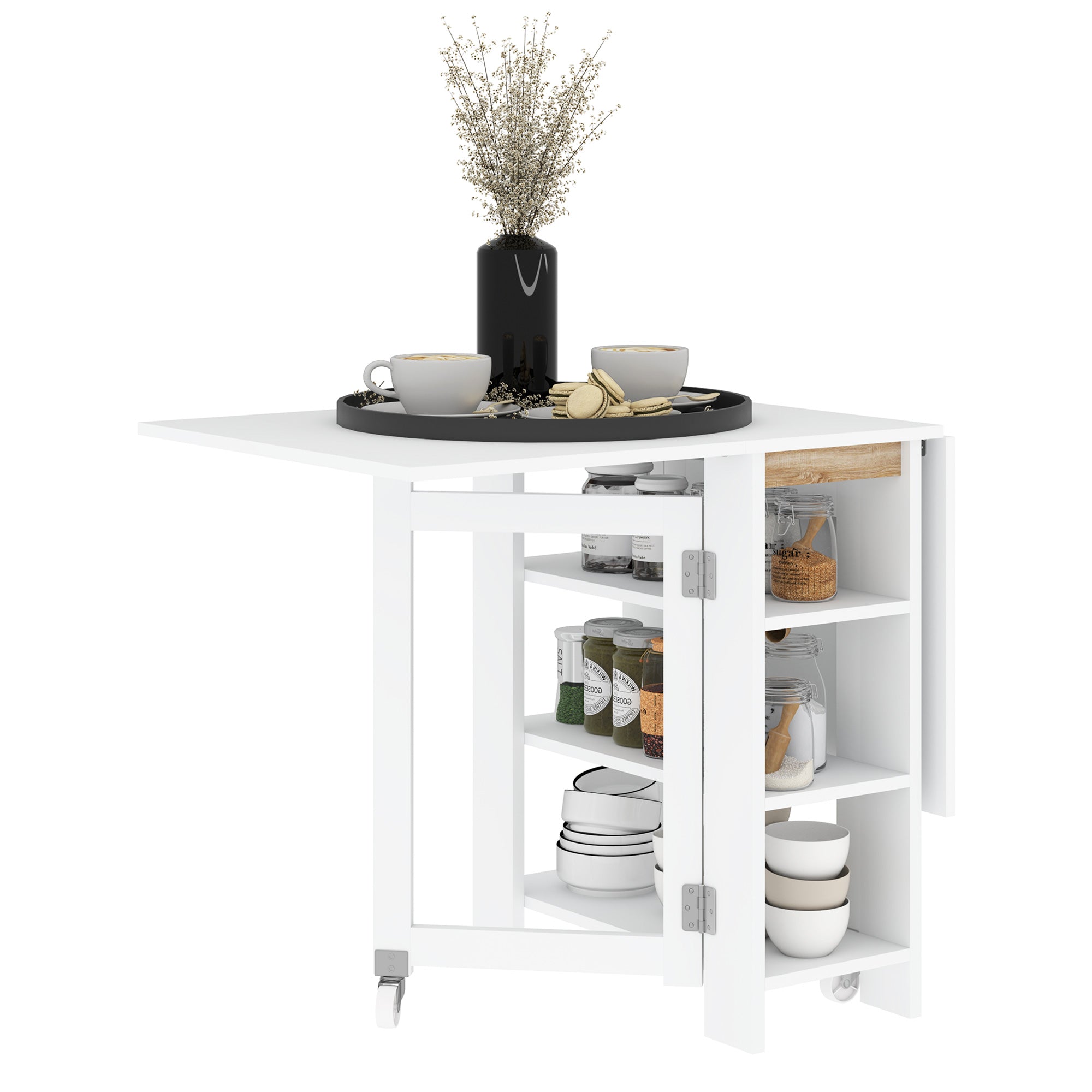 Tavolo Pieghevole da Pranzo 120x60x75 cm con 2 Ribalte e Ripiani in Truciolato Bianco
