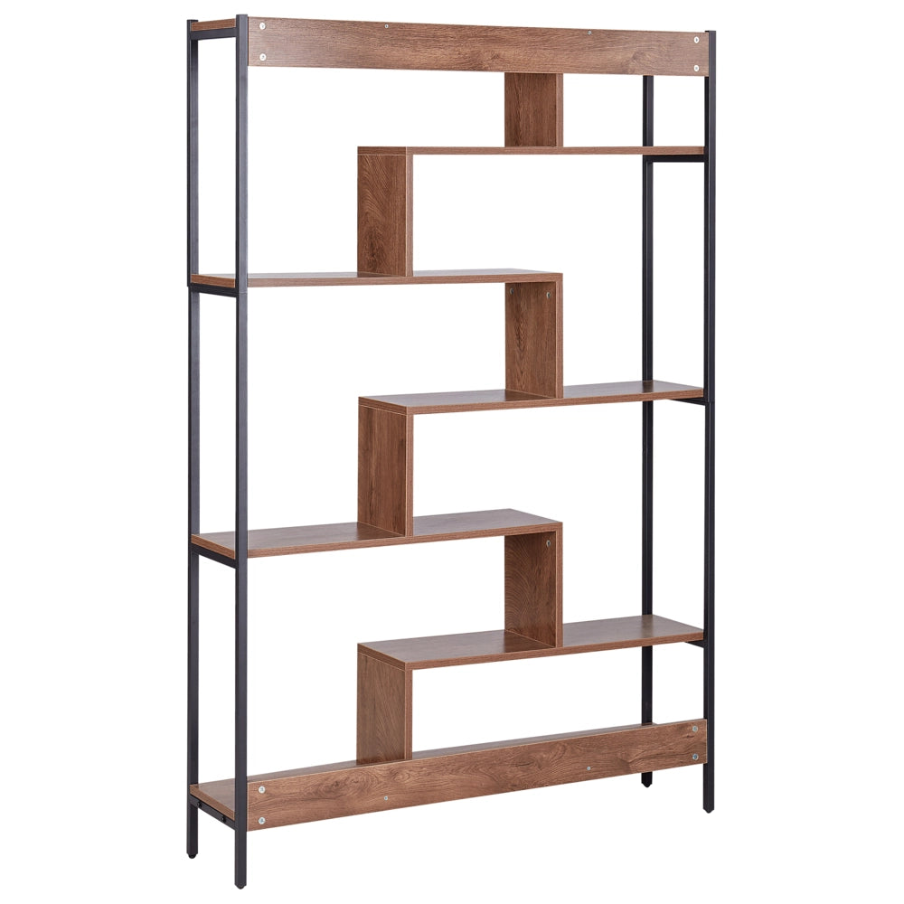 Libreria a 6 ripiani con struttura in metallo nero  legno scuro con luci LED con retro aperto stile industriale