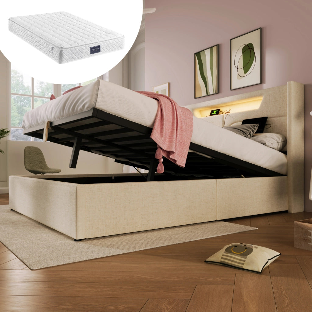 Letto matrimoniale imbottito 140x200 cm in tessuto lino beige con LED; USB e contenitore