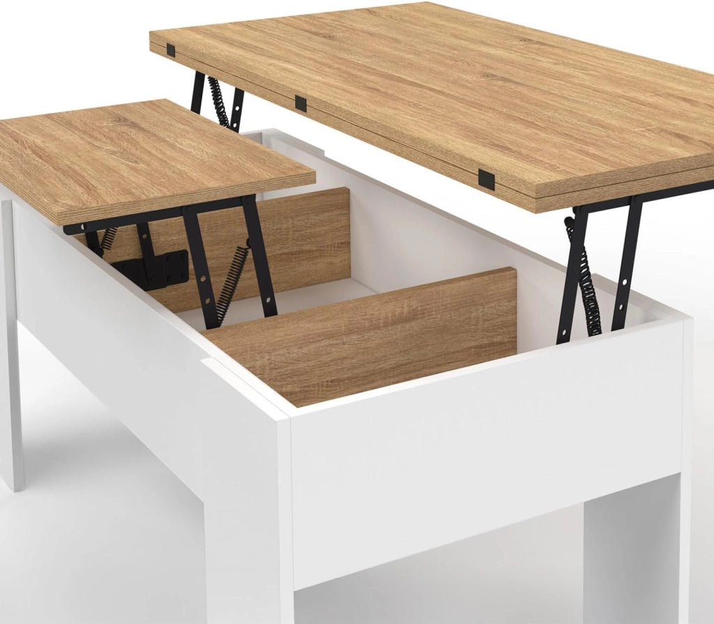 Tavolino rettangolare con piano sollevabile, trasformabile in tavolo da pranzo TARA, in legno bianco e faggio finto