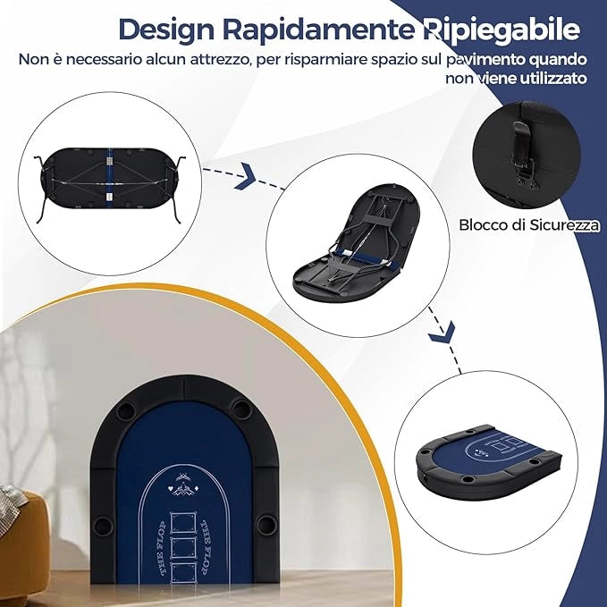 Tavolo da Poker Pieghevole 182 cm per 8 Giocatori, Tavolo da Gioco Ovalo con Supporti per Bicchieri, Rivestimenti Imbottiti, per Blackjack, Texas Hold’em, Giochi da Casinò (Blu)