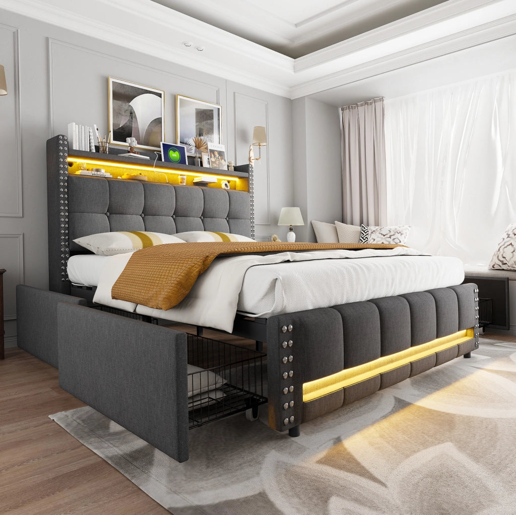 Letto imbottito 160x200 cm con LED; USB; ripiani e cassetto; lino grigio