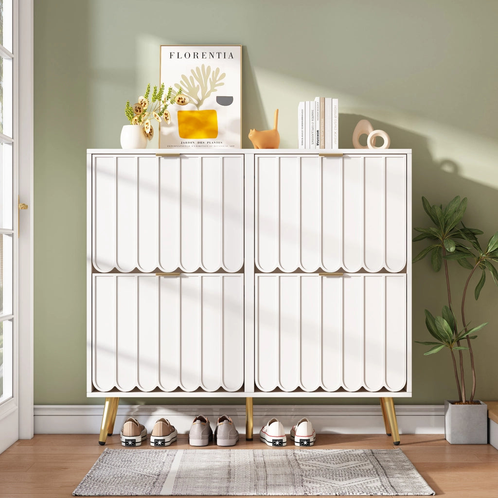 Scarpiera con 4 ante e vani regolabili, design moderno con frontali ondulati, per ingresso, bianco, 100 × 24 × 91.5 cm