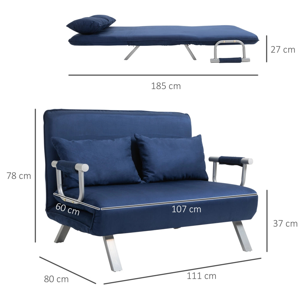 Divano letto 2 posti con schienale reclinabile e cuscini sfoderabili in poliestere blu con struttura in metallo