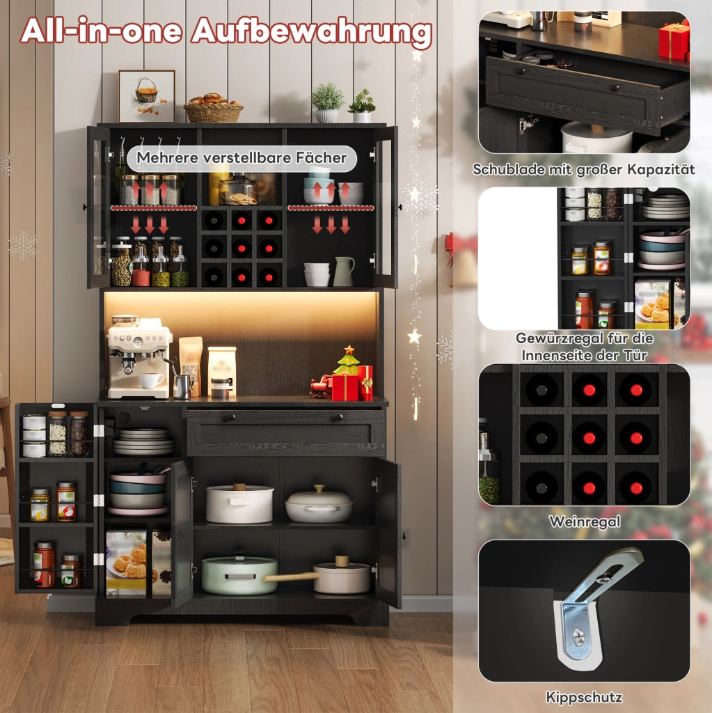 Credenza da cucina con LED, prese e portabottiglie, nera