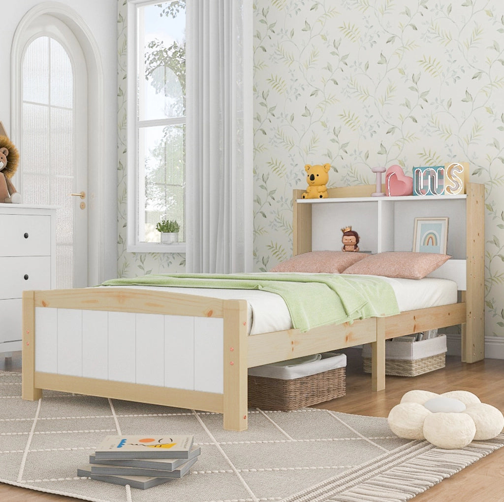 Letto singolo 90x200 cm con testiera contenitore; struttura in legno massiccio bianco; con materasso