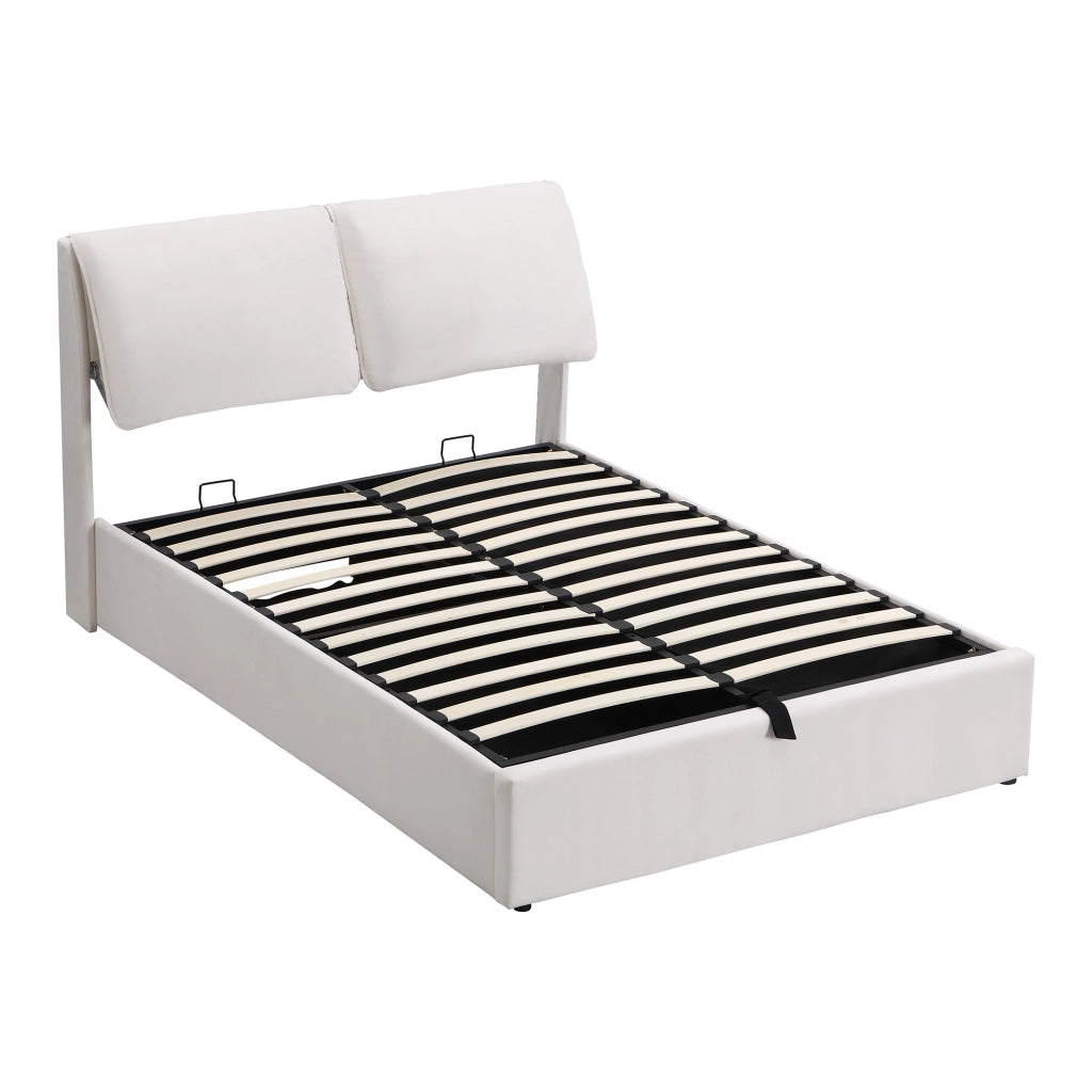 Letto imbottito matrimoniale 140x190 in velluto beige con contenitore idraulico, 3 cassetti e testiera regolabile