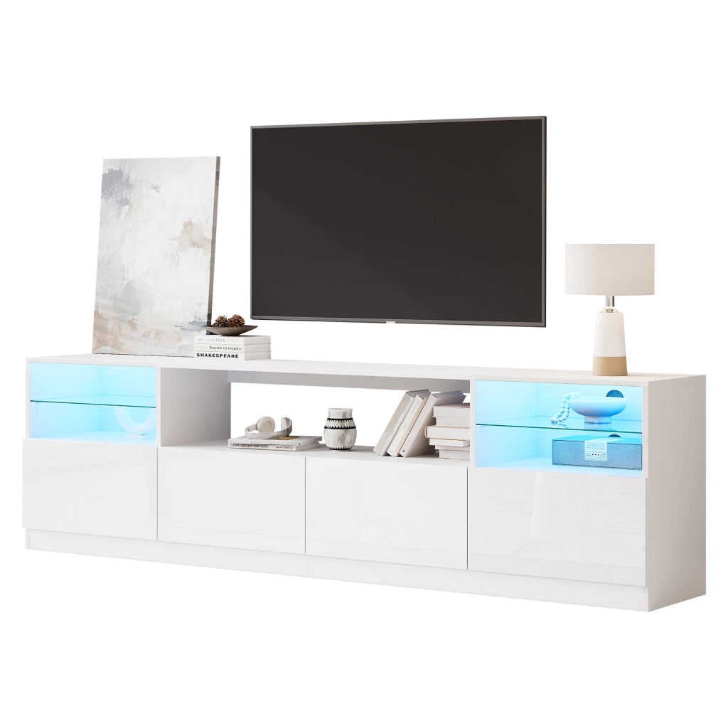 Mobile TV con illuminazione LED, 4 ante a battente, 8 vani contenitori, bianco lucido, 180 x 35 x 60 cm