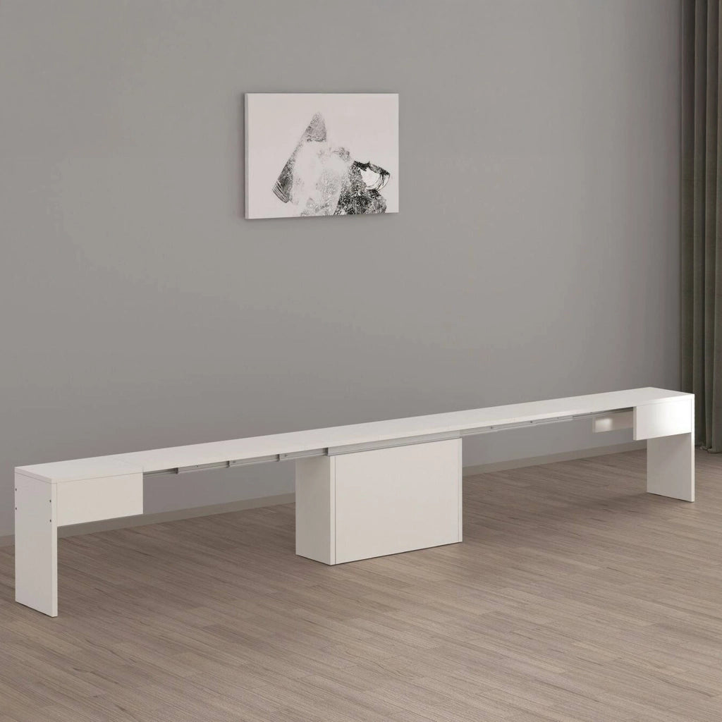 Panca Yutu, Seduta per tavolo da pranzo, Panca singola allungabile, 290x25h45 cm, Bianco lucido