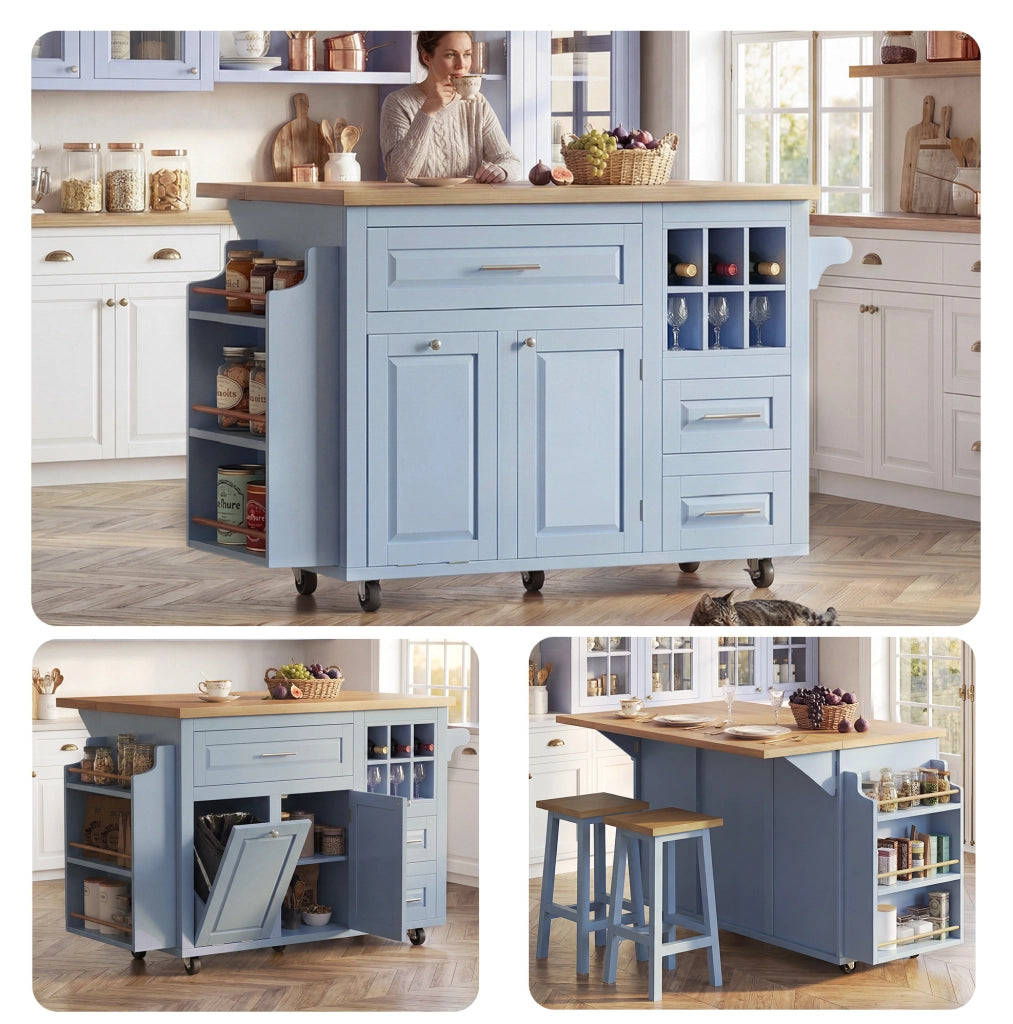 Carrello da cucina blu con piano pieghevole e portabottiglie