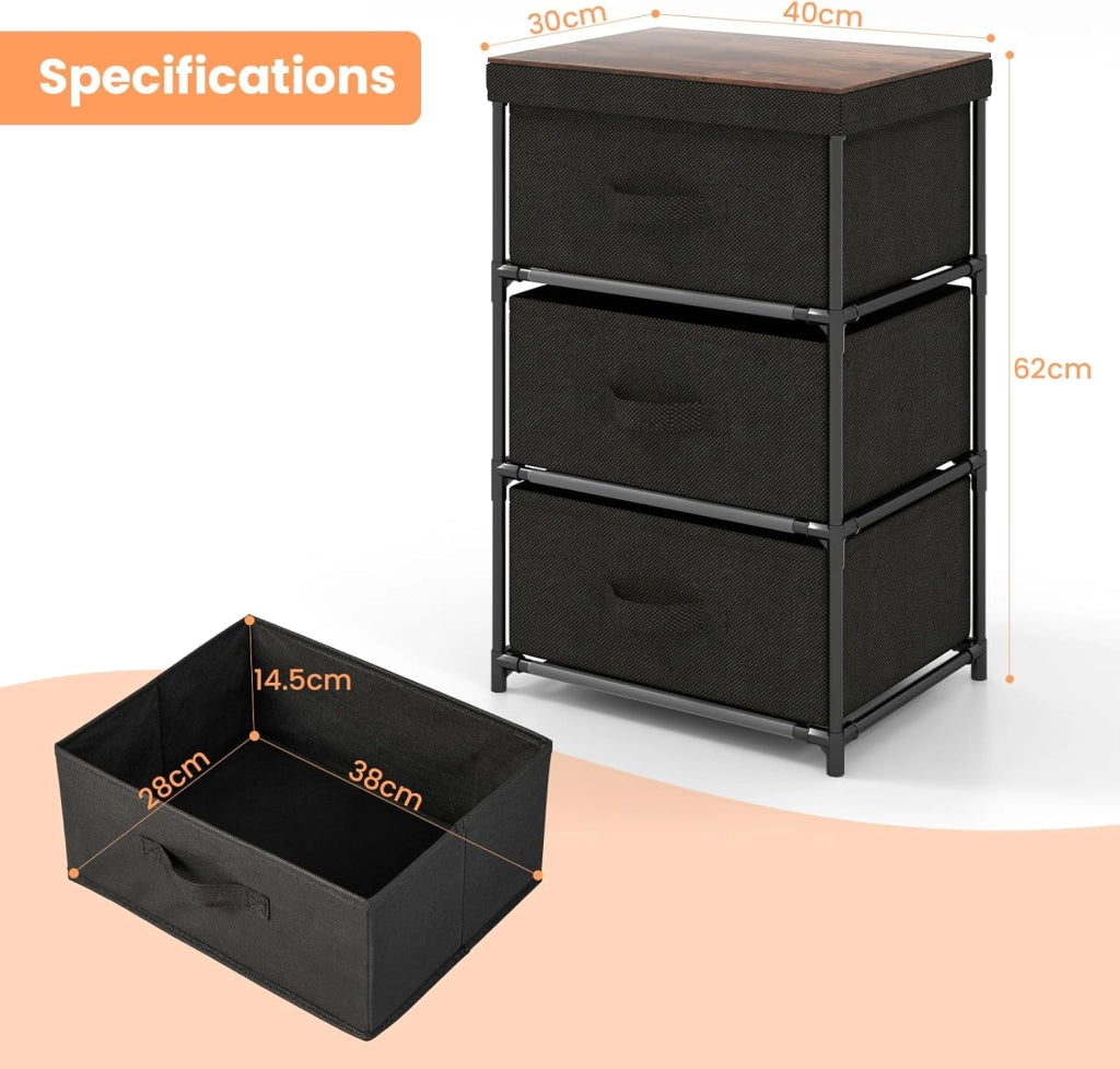 Armadietto a 3 Cassetti, Cassettiera Verticale con Contenitori in Tessuto Pieghevoli e Rimovibili, Comò in Stile Industriale per Camera da Letto, Soggiorno e Ufficio, Nero (Nero 2)