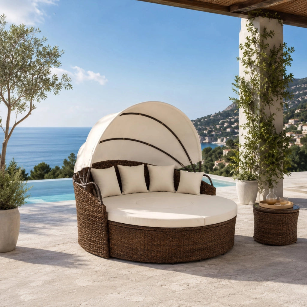 Isola Prendisole Modulare In Polyrattan Con Set Arredo Da Esterno Completo Di Tavolino Integrato E Quattro Cuscini E Tettuccio Parasole Pieghevole Per Giardino Terrazza Beige E Marrone