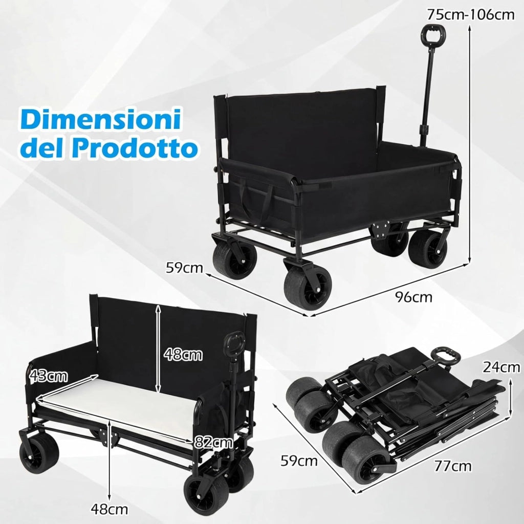 2 in 1 Carrello Pieghevole con Panca, Carrello Trasportabile con Maniglia Regolabile, Cuscini Morbidi e Ruote, Carrello da Giardino in 600D Oxford, 80 kg, 85 L, per Campeggio e Spiaggia (Nero)