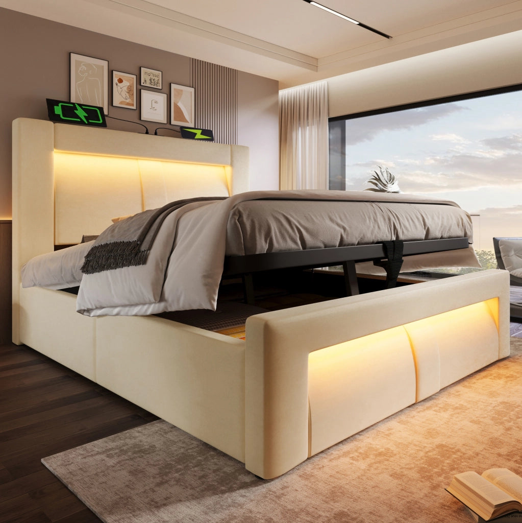 Letto singolo 90x200 con contenitore LED USB-C e materasso beige