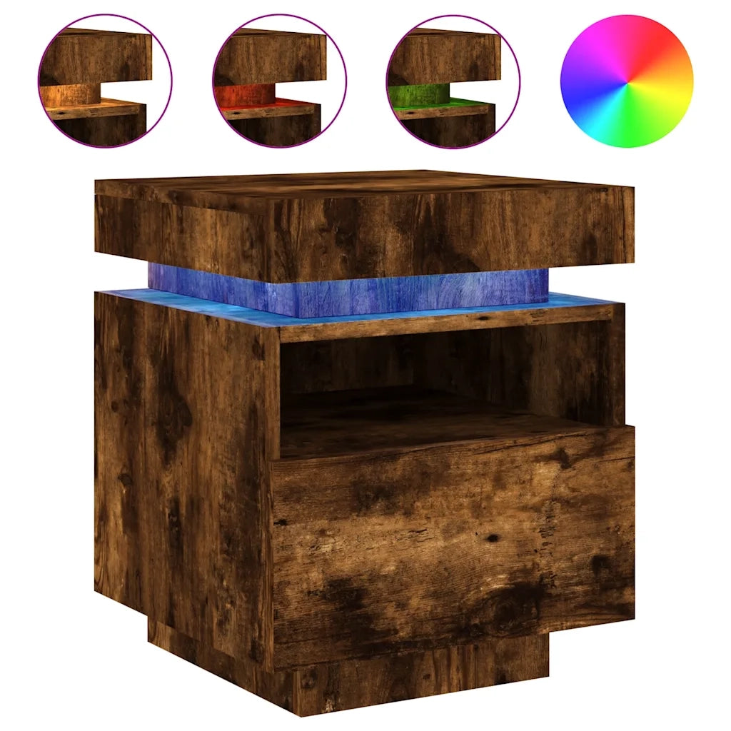 Comodino con Luci LED-Tavolino da notte Rovere Fumo 40x39x48,5 cm