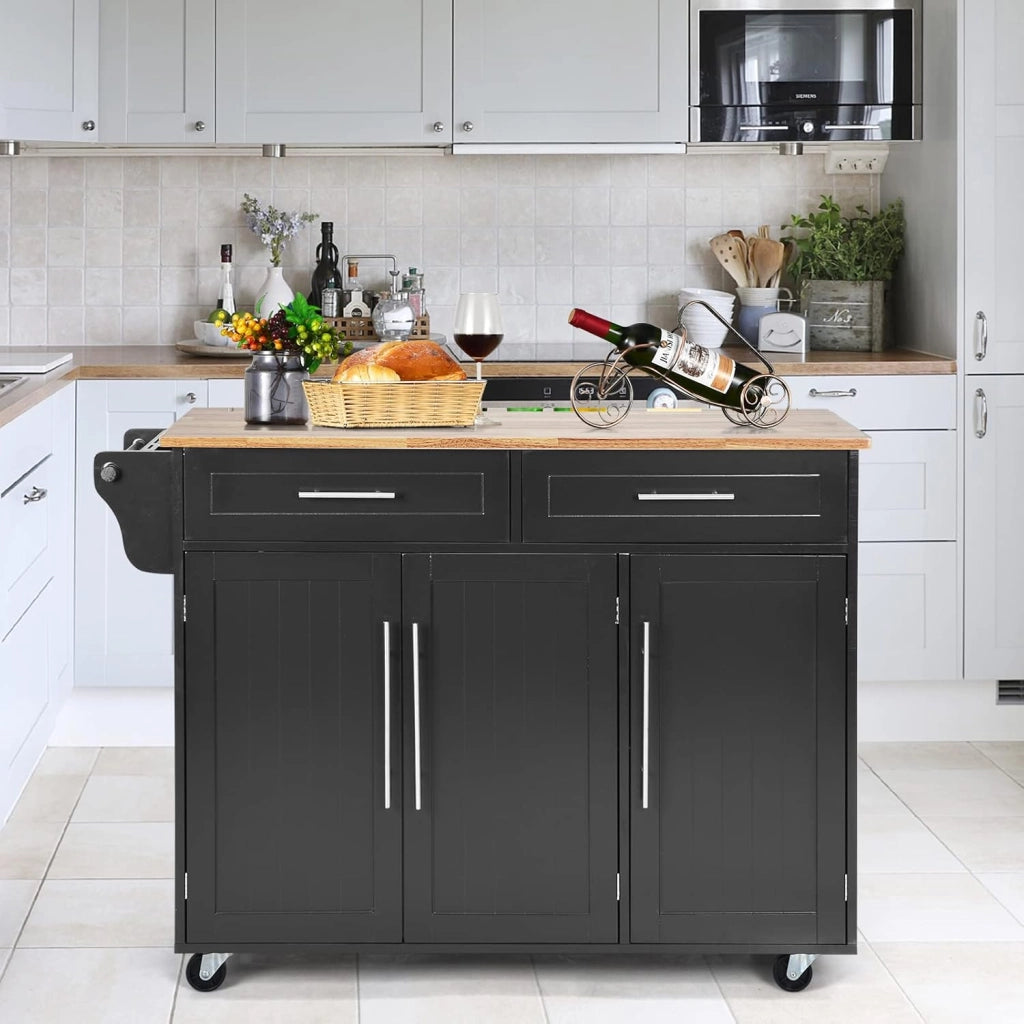 Carrello da Cucina, Carrello di Servizio con Ruote e Maniglia, 3 Ante e 2 Cassetti, Ideale per Cucina Ristorante Bar, 122x46x92,3 cm (Nero)