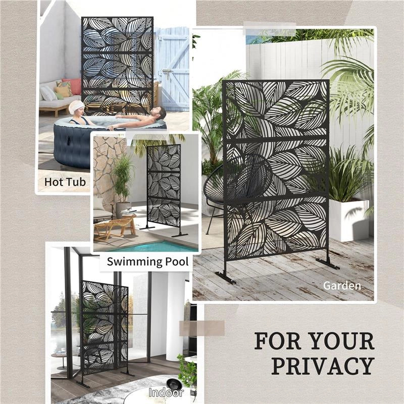 PARAVENTO DA ESTERNO DECORATIVO IN ACCIAIO TRAFORATO CON DESIGN A FOGLIE, 122X198CM, NERO