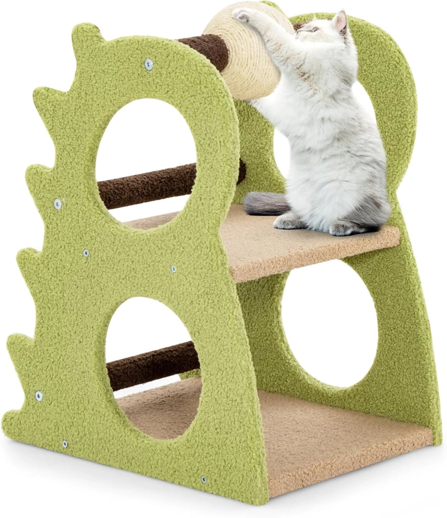 Albero Tiragraffi Moderno a 2 Livelli da Interno, Torre per Gatti a Forma di Dinosauro con Palla Girevole in Sisal, Tessuto Peluche Morbido e Tiragraffi, Centro Attività per Gatti