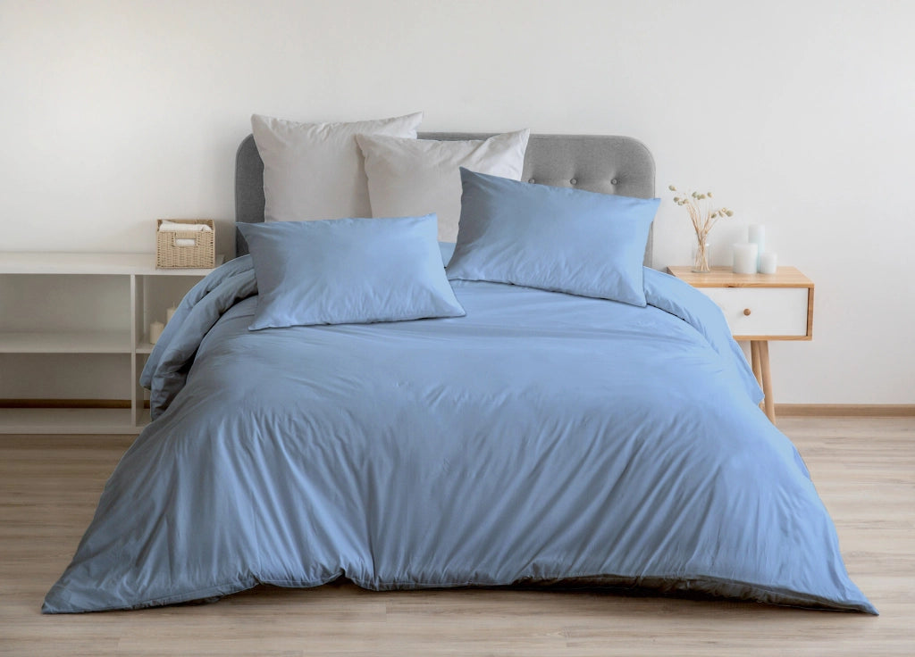 Completo Lenzuola In 100% Cotone Percalle Made In Italy Tinta Unita - Matrimoniale - Azzurro