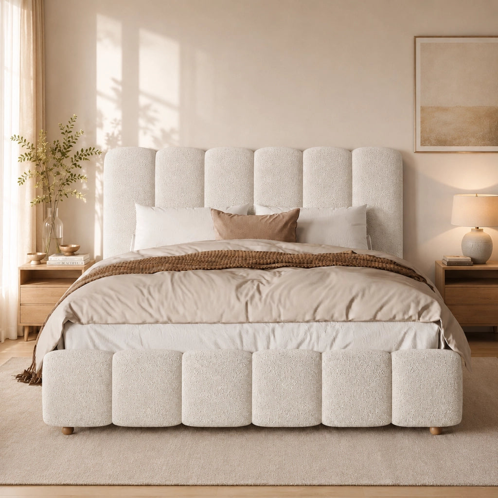 Letto imbottito con contenitore idraulico e testiera, 140x190 cm, bouclé bianco