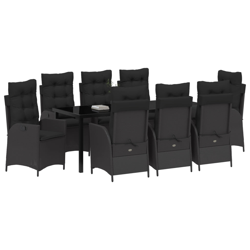 Set da Pranzo da Giardino 9 Pezzi con Cuscini Nero Polyrattan