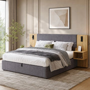 Letto imbottito 160x200 cm in velluto con contenitore idraulico, 2 comodini, luci e porte USB, grigio/naturale