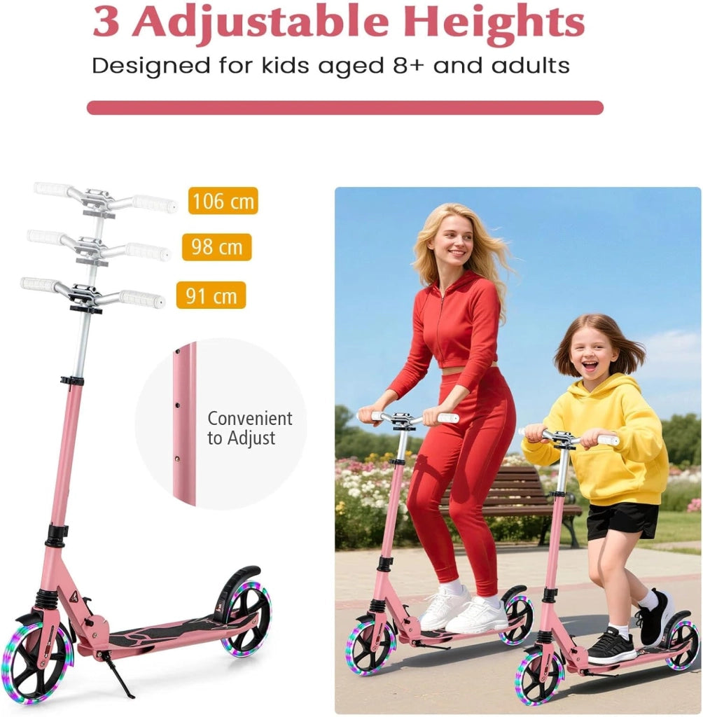 Monopattino da bambino con 2 ruote, LED e freno, skateboard pieghevole, 3 altezze regolabili, scooter in alluminio con cavalletto e cintura, carico 100 kg, bambini 8 anni