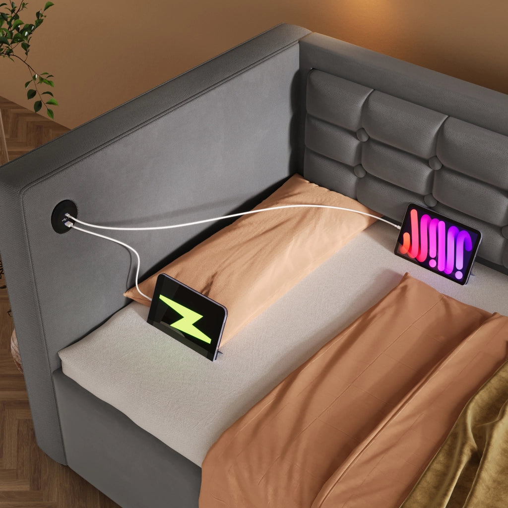 DESMIU Divano letto 90 × 190 cm 1 posto con vano idraulico, USB e Type-C, senza materasso, grigio
