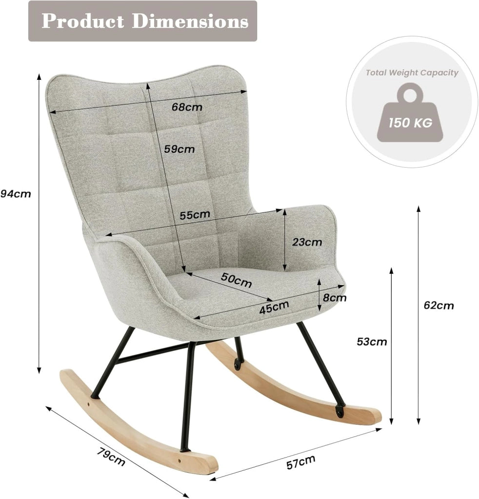 Sedia a Dondolo da Interno, Poltrona Relax con Braccioli e Schienale Alto, Sedia Imbottita in Flanella Per Salotto, Camera da Letto, Base in Metallo e Legno Massello Grigio, 69x90x95cm, SKS30gr