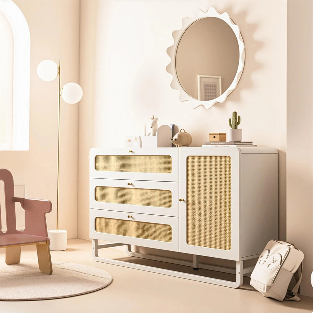 Credenza Stile Cottage 120x85x40cm - Xylo - Bianco con 3 Cassetti e Maniglie Vimini