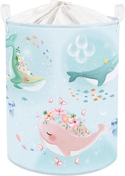 Cestino per bambini da 45L con ruota blu oceano, contenitore per la camera da letto dei bambini con spazzola per la pelle di foca, contenitore per giocattoli con corda e fiori farfalla