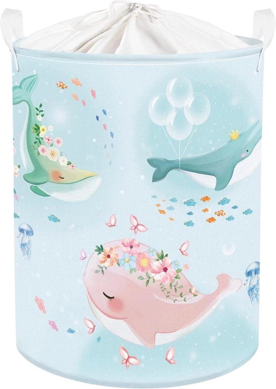 Cestino per bambini da 45L con ruota blu oceano, contenitore per la camera da letto dei bambini con spazzola per la pelle di foca, contenitore per giocattoli con corda e fiori farfalla