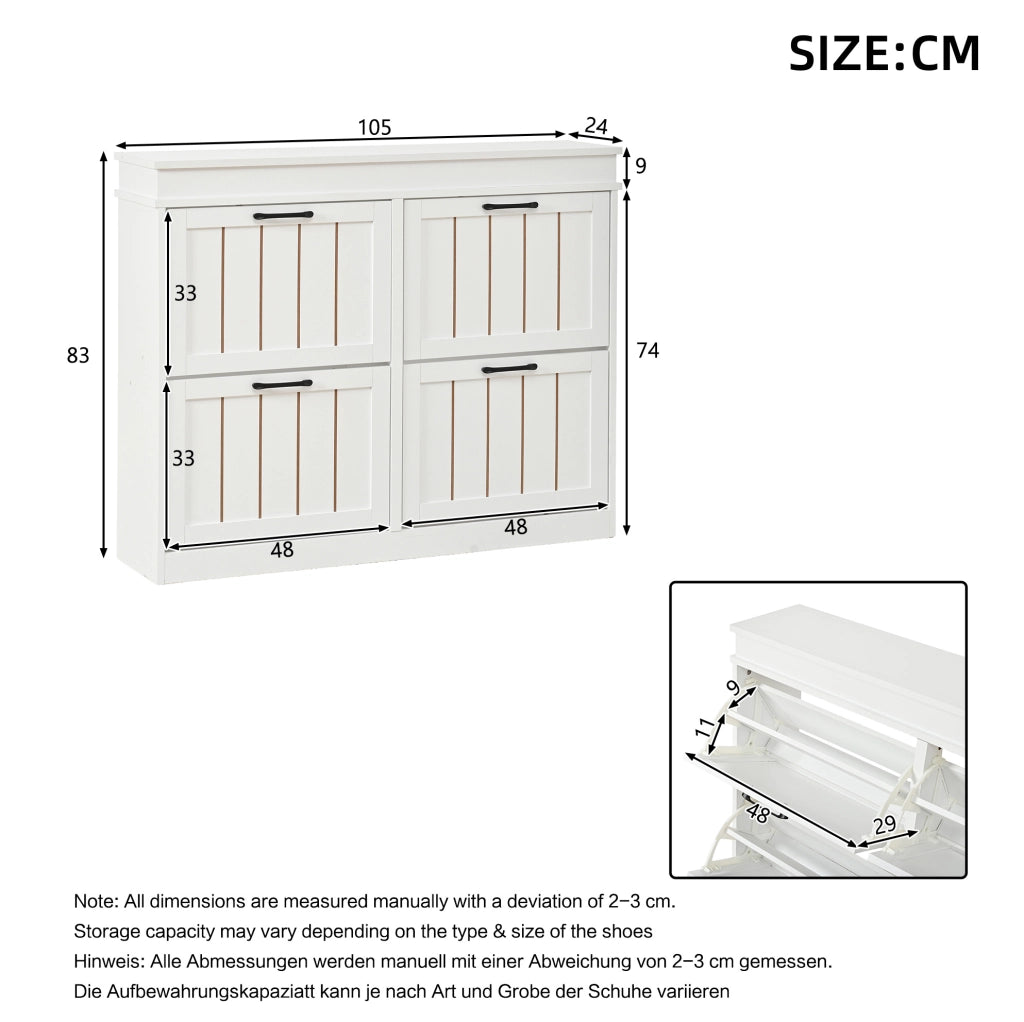 Scarpiera sottile in MDF bianca 105x24x83 cm con 4 ante