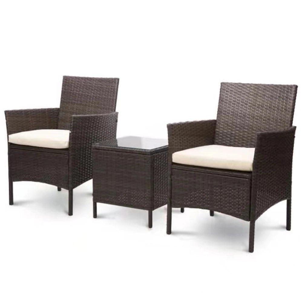 Set da Giardino 2 Poltrone 1 Tavolino Rattan Intrecciato Caffè e Cuscini Beige