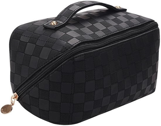 Set di contenitori cosmetici, borsa di toilette per donne, borsa di viaggio, grande borsa per trucchi, borse per trucchi impermeabili con compartimenti, pelle PU per donne, 2 pezzi - B - nero