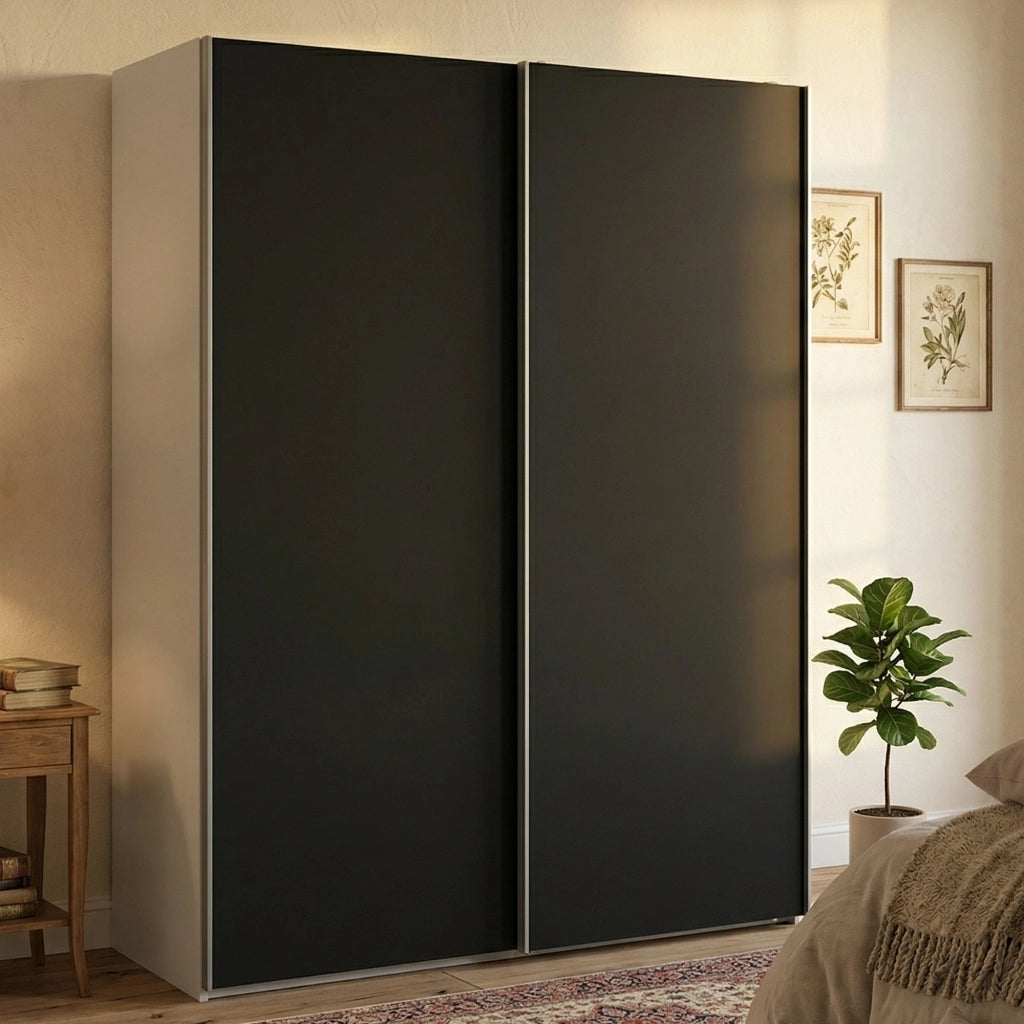 Guardaroba 2 ante Maurice, Mobile camera da letto, Cabina armadio portabiti, Armadio appendiabiti, 150x61 h200 cm, Bianco e Nero