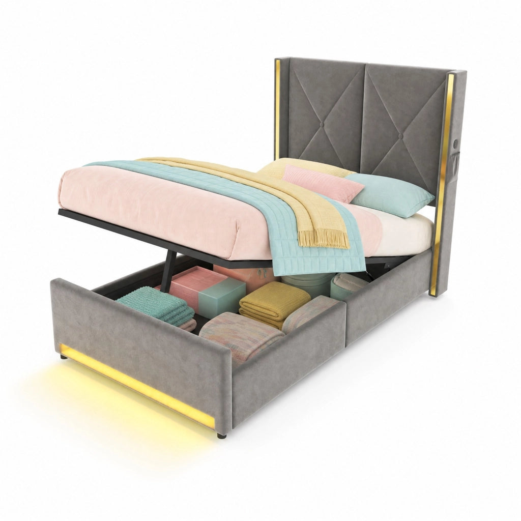Letto contenitore 90x200 cm in velluto grigio scuro con USB, Type-C, LED, tasche laterali e testiera alta