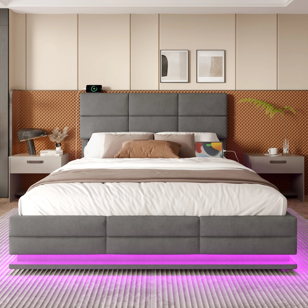 Letto imbottito in velluto 140x200 grigio; testiera regolabile; USB/Type-C; LED; vano idraulico