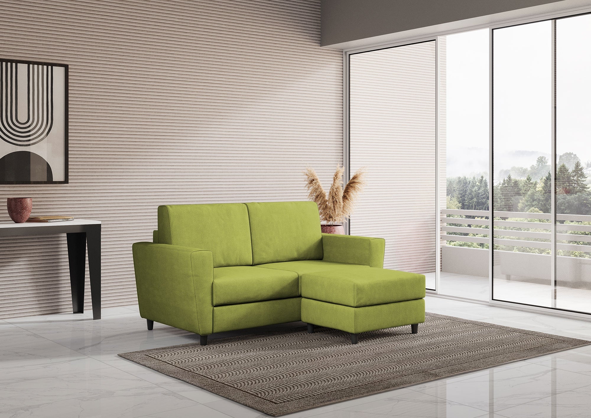 Divano 2 Posti con Pouf 152x155x85 cm Yasel in Tessuto Verde