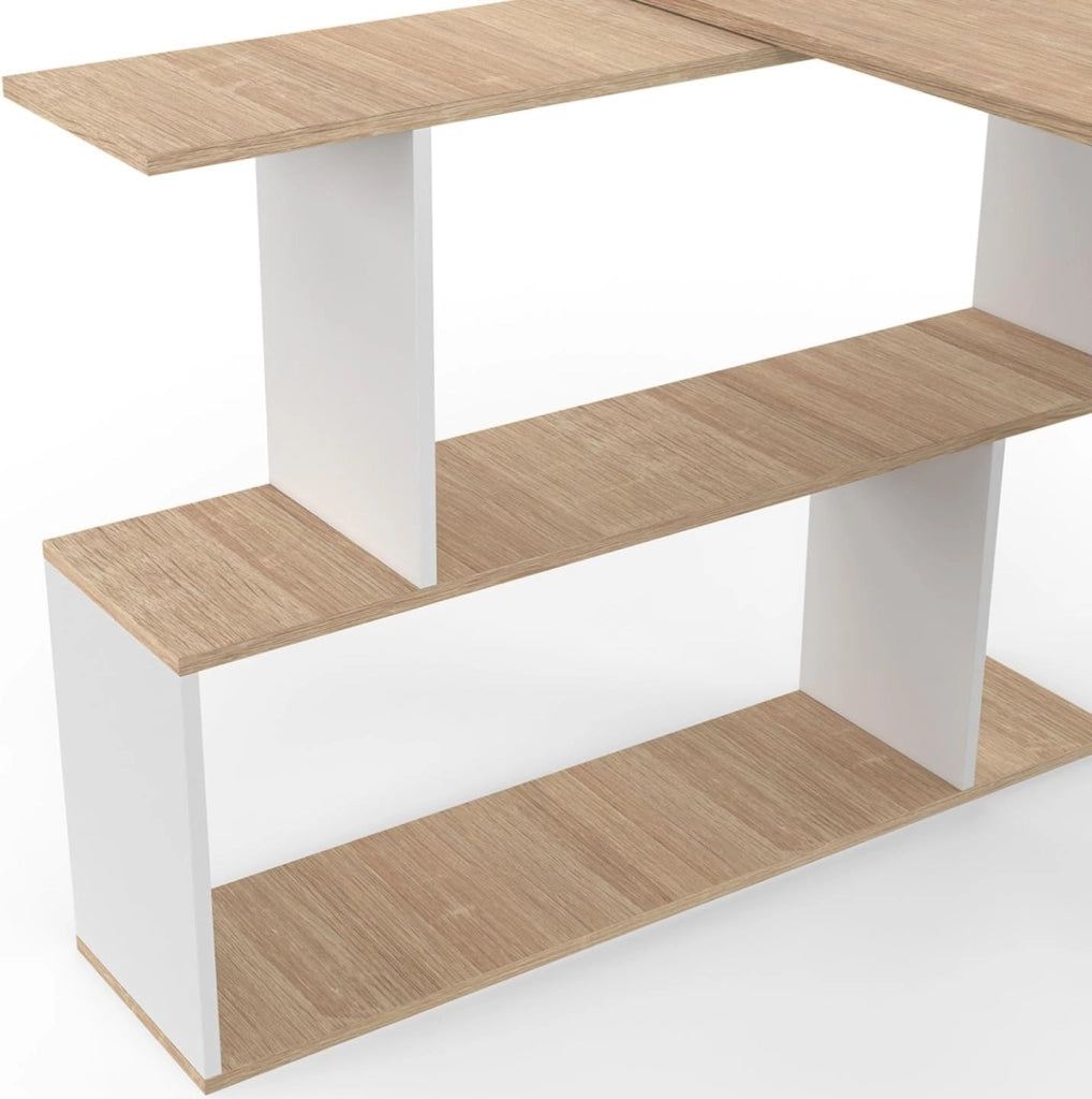 JOY Scrivania angolare girevole a 180° Scaffale a S in legno effetto faggio e bianco