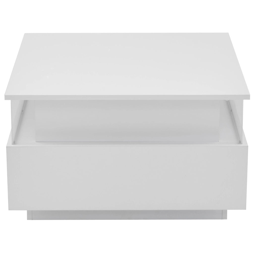 Tavolino da salotto moderno bianco 70x70x41 cm con LED; 2 cassetti e vano trasparente