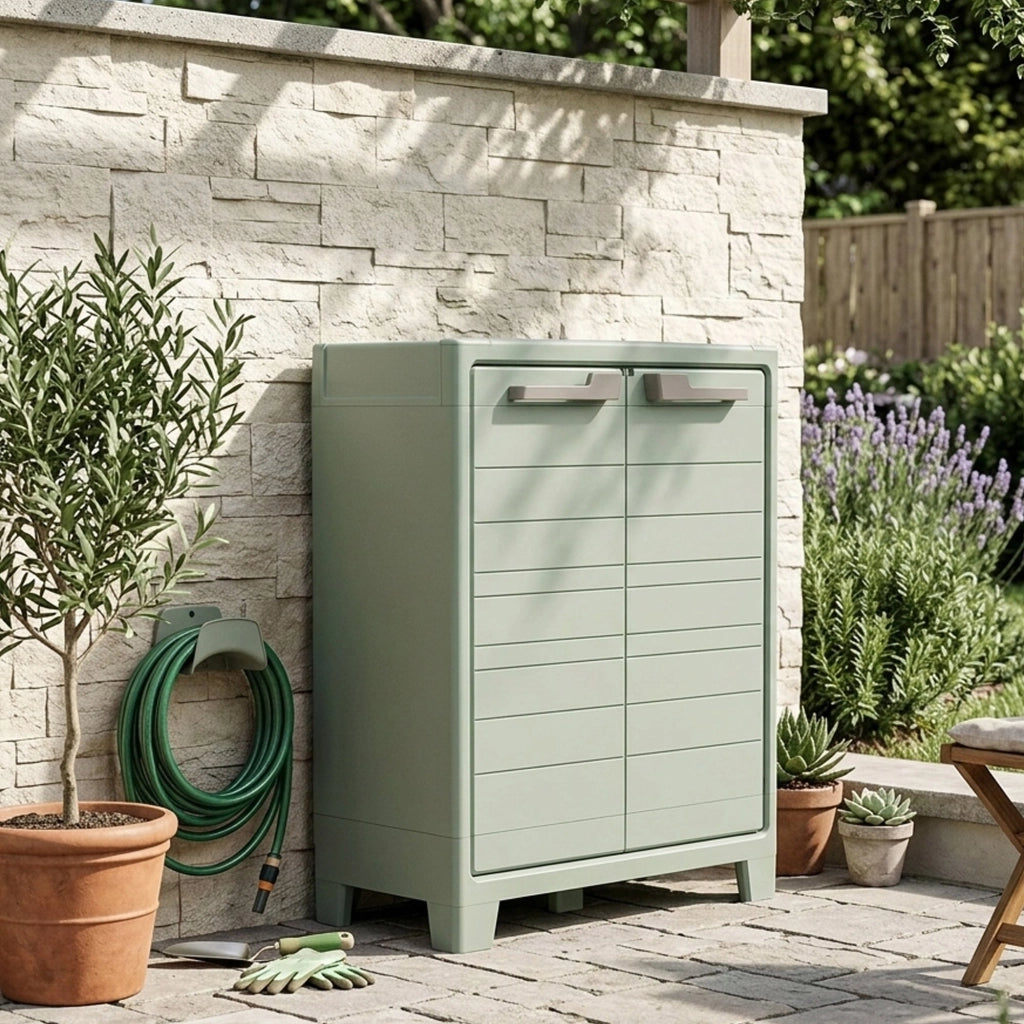 Armadio da esterno Quesnel, Mobile outdoor, Mobiletto giardino multiuso, Made in Italy, 80x44 h100 cm, Grigio e Verde