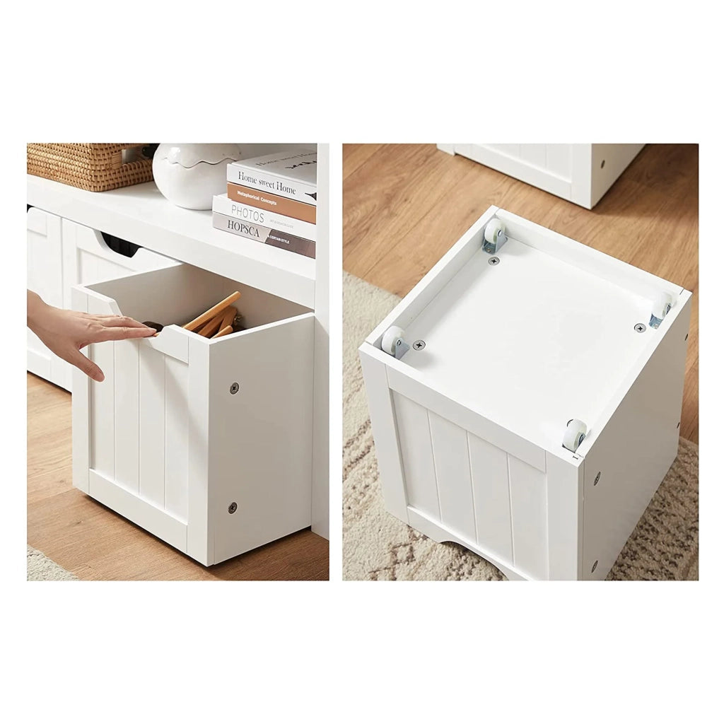 Mobiletto porta giocattoli 102 x 30 x 60 cm per bambini mobiletto con cassettiera e rotelle per soggiorno camera da letto sala giochi bianco 12_0006457