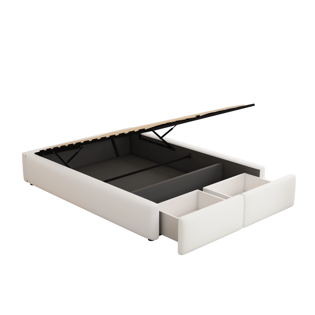 Letto imbottito 140x200 cm con contenitore idraulico e 2 cassetti; lino e MDF bianco