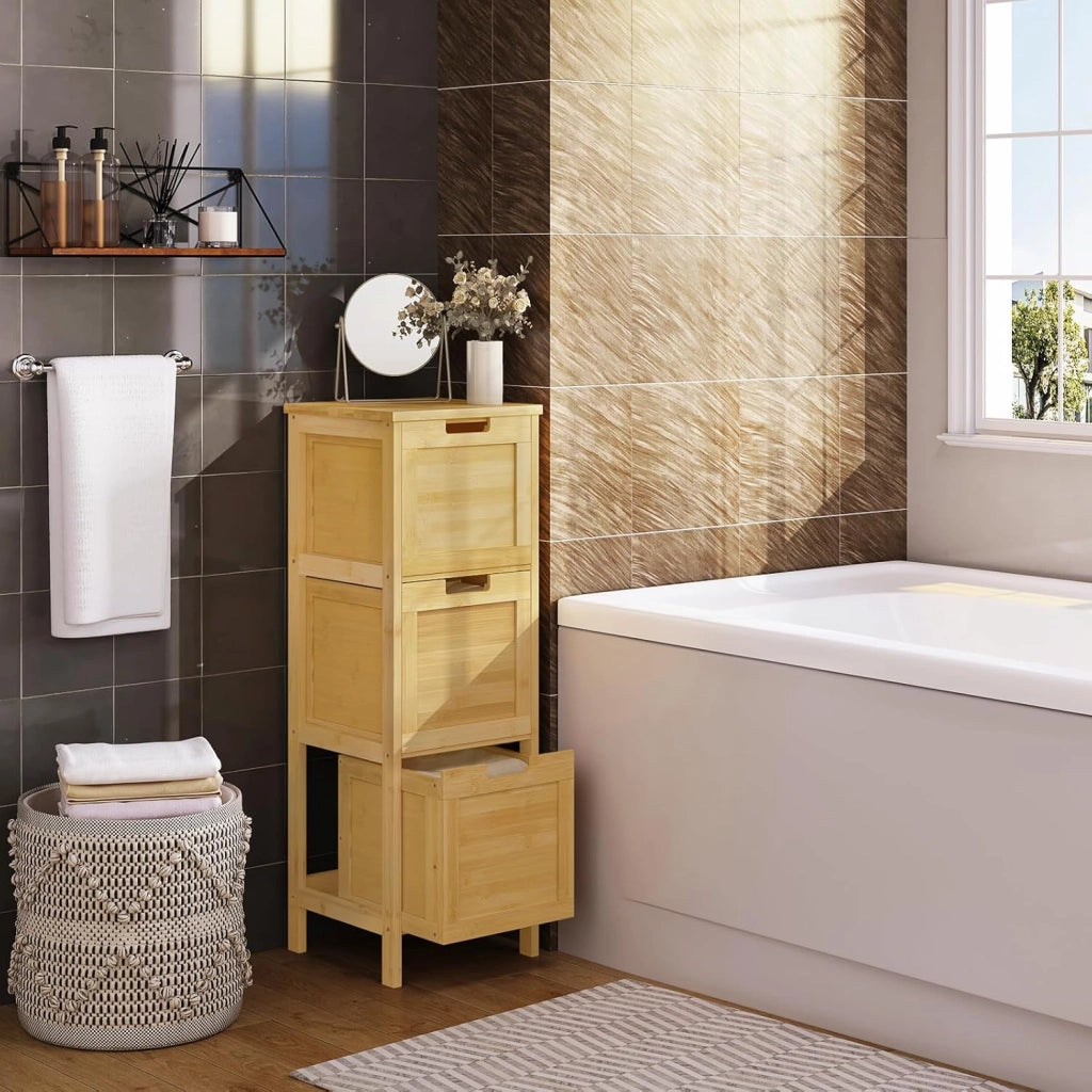 Mobile da Bagno Autoportante, Mobiletto con 3 Cassetti Estraibili, in Bamb, 30x30x90cm, Colore Naturale per Salotto, Camera da Letto, Cucina