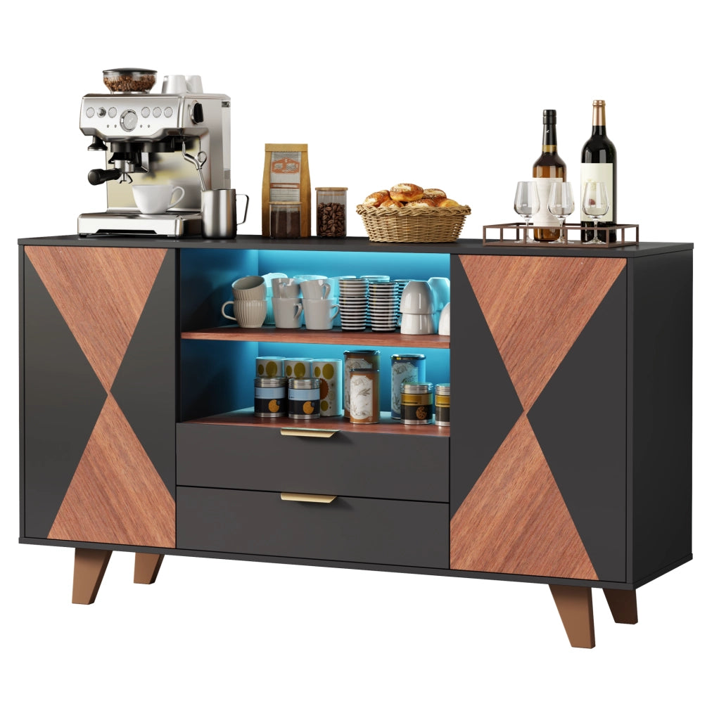 Credenza contenitore LED 150 x 40 x 90 cm, MDF naturale e nero