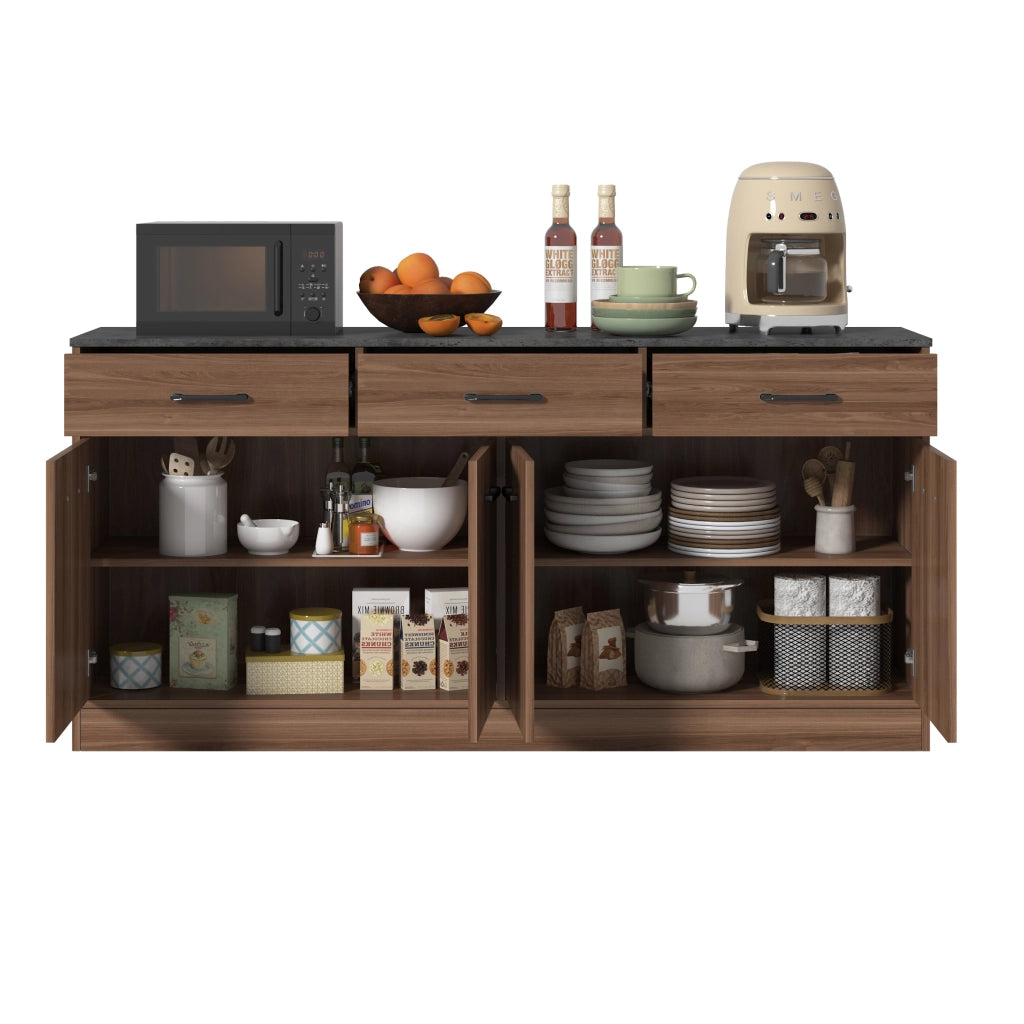 Credenza e madia da cucina con 3 cassetti e ripiani regolabili in MDF finitura noce con piano effetto cemento