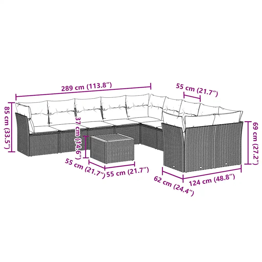 Set Divani da Giardino 11 pz con Cuscini in Polyrattan Grigio 3256187